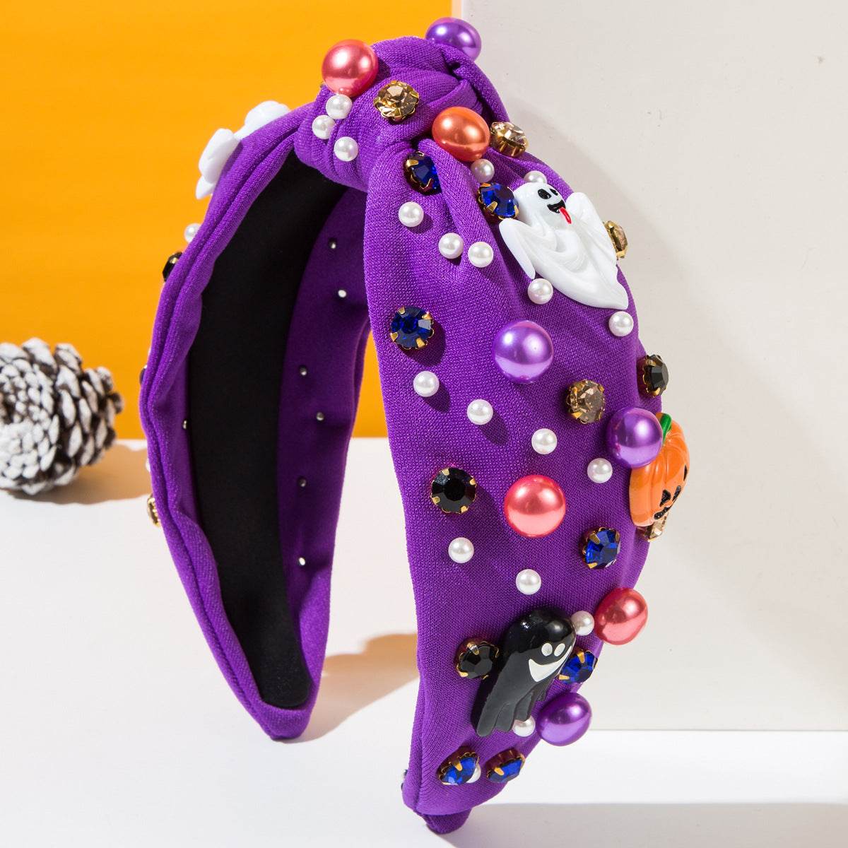 Halloween Pearl Knotted Headband with Pumpkin and Ghost