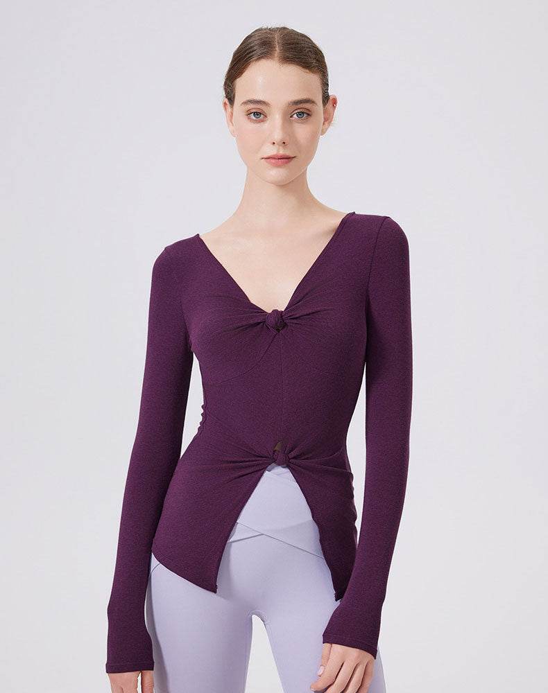 V Neck Twist Knot T-Shirts Long Sleeve Split Slim Fit Tops