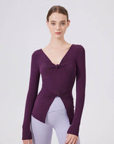 V Neck Twist Knot T-Shirts Long Sleeve Split Slim Fit Tops