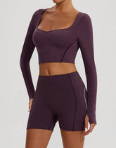 Solid Color Crop Top Yoga Long Sleeve V Neck T-Shirts