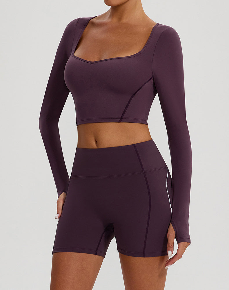 Solid Color Crop Top Yoga Long Sleeve V Neck T-Shirts