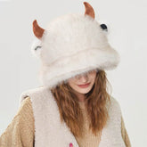 Winter Faux Fur Cow Bucket Hat Fuzzy Cute Animal Horns Cap