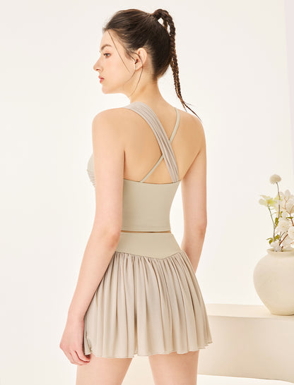 Mesh Tennis Set with Asymmetrical Strap Tank Top and Skirt