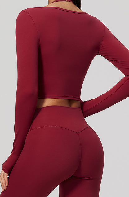 Long Sleeve Twist Front Crop Wrap Top with Sports Bra