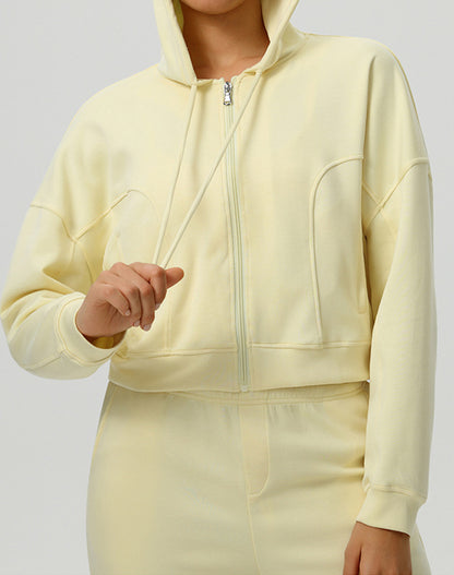 Long Sleeve Hooded Zip Up Casual Crop Coat with Pockets