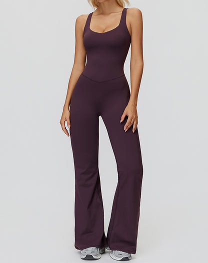Cross Back One Piece Jumpsuit Yoga Flare Leg Rompers
