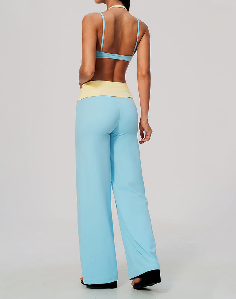 2 Piece Color Block Sports Bra and Fold Over Flare Pant Sets