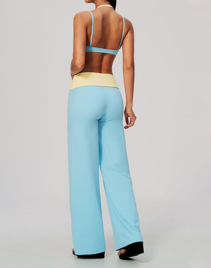 2 Piece Color Block Sports Bra and Fold Over Flare Pant Sets