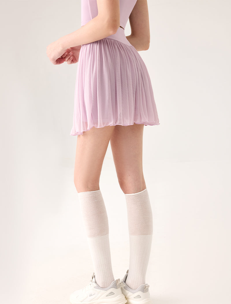Mesh Sheer Pleated Skirt Tulle Skirt with Short and Pocket