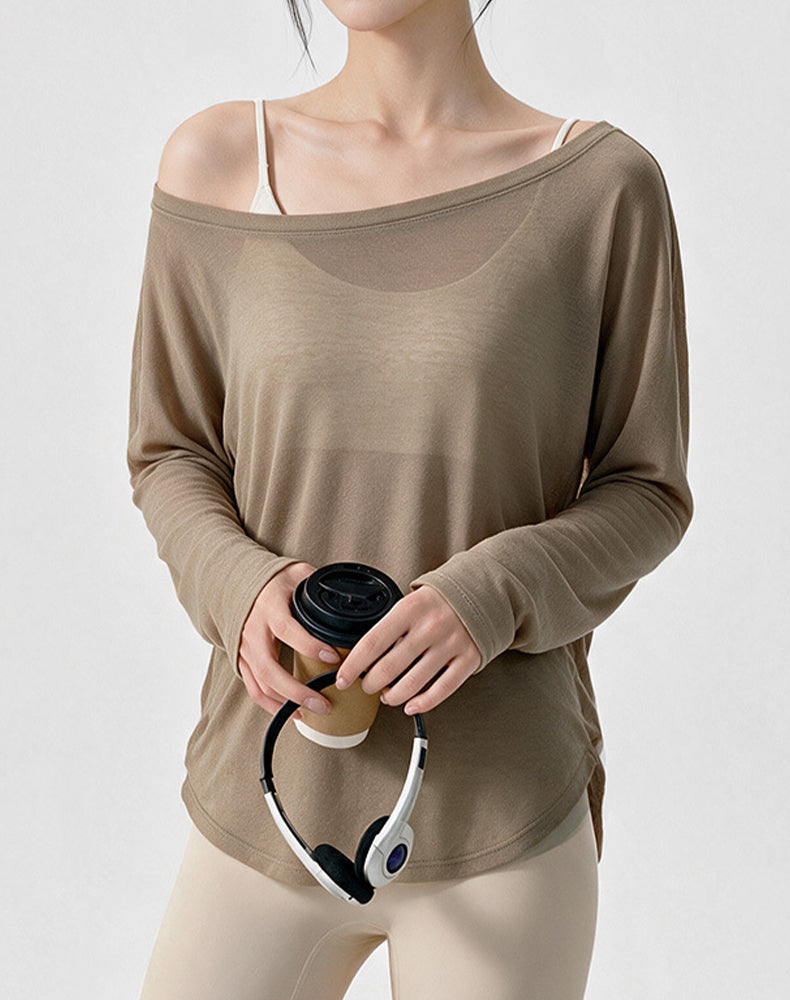 Off Shoulder Long Sleeve Sheer Mesh Yoga Tops