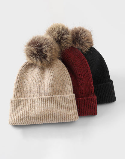 Winter Knitted Beanie Hat with Faux Fur Pom