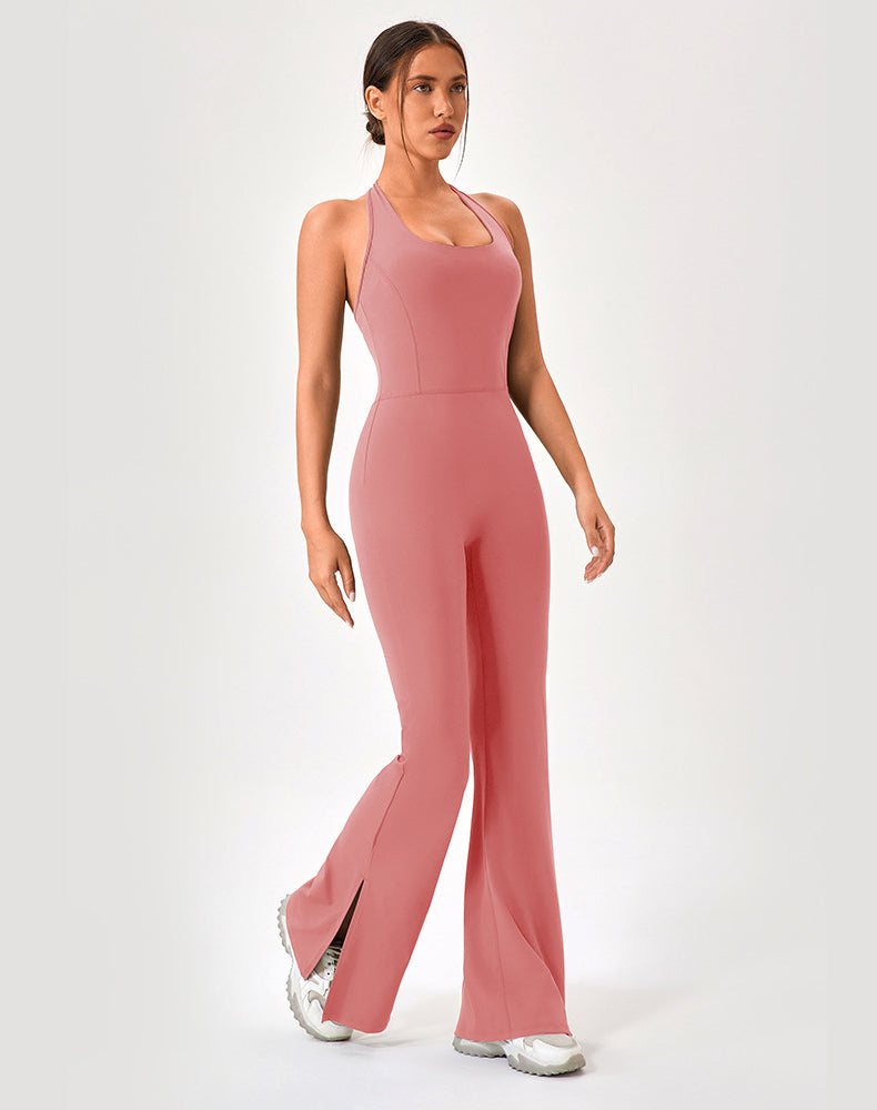 Halter Neck Flare Jumpsuit One Piece Side Split Yoga Rompers