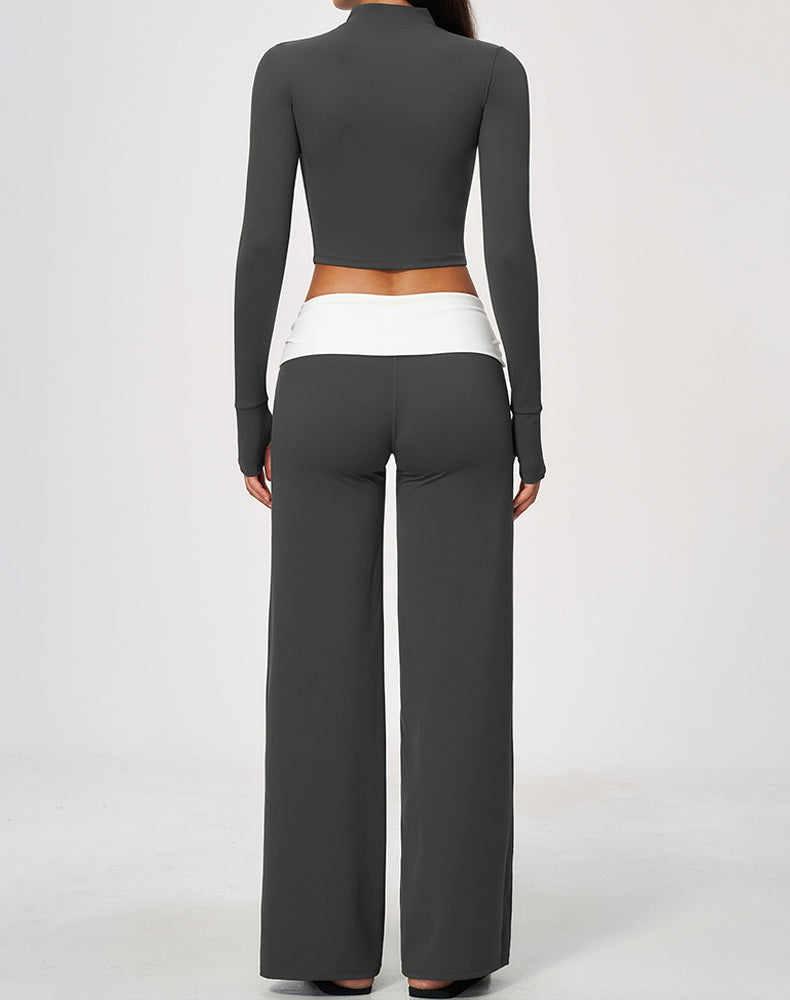 2 Piece Full Zip Cropped Jacket and Fold Over Flare Pant