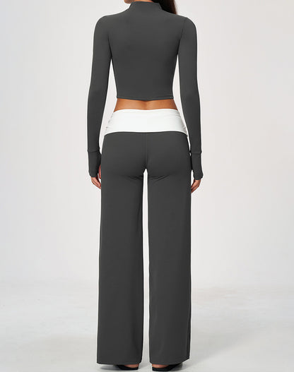 2 Piece Full Zip Cropped Jacket and Fold Over Flare Pant