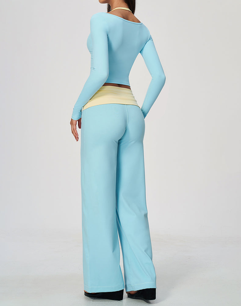 2 Piece Long Sleeve Sports T-Shirt and Fold Over Flare Pant