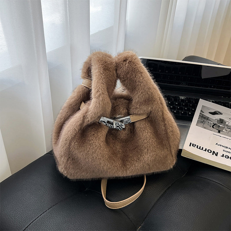 Fuzzy Shoulder Handbag Fluffy Plush Bucket Crossbody Bag