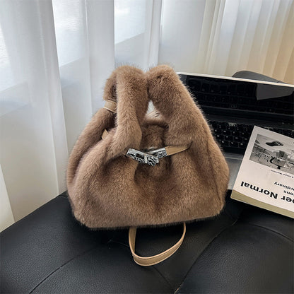Fuzzy Shoulder Handbag Fluffy Plush Bucket Crossbody Bag