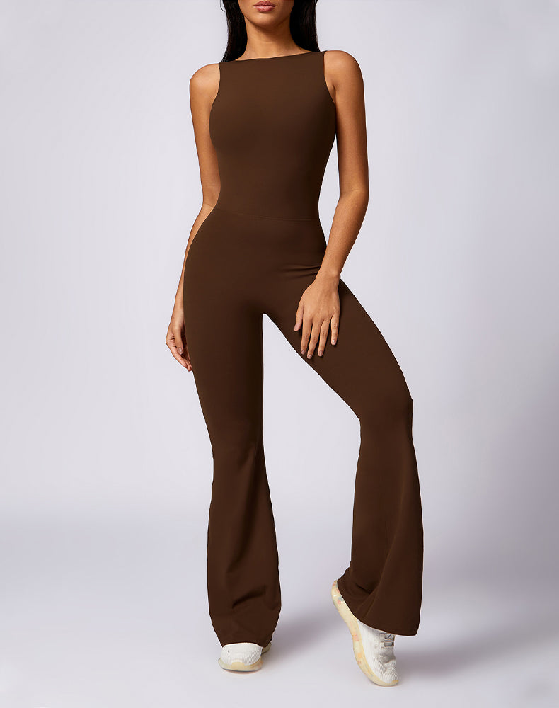 Backless Yoga Flare Jumpsuit Sleeveless Workout Romper
