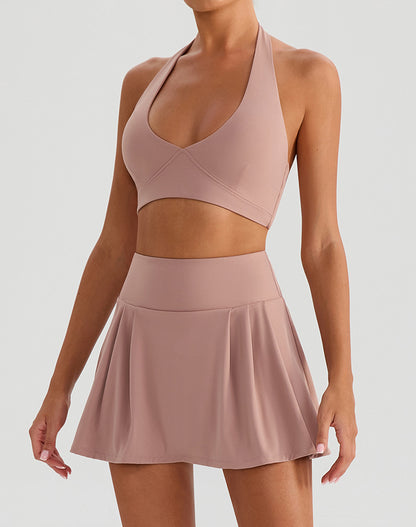 Tennis Sets with Halter Sports Bra and Golf Pleated Skirt