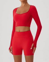 Solid Color Crop Top Yoga Long Sleeve V Neck T-Shirts