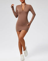 Long Sleeve Slim Fit Zip Tennis Dresses with Thumb Holes