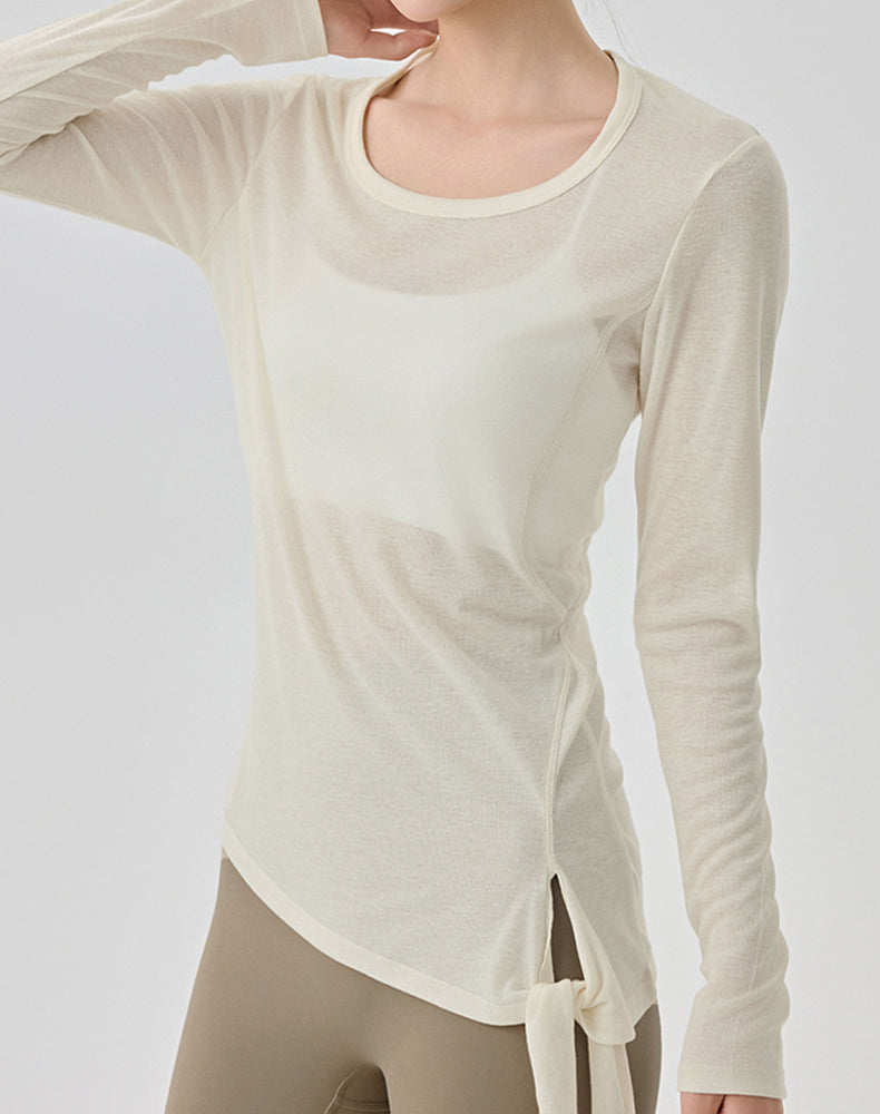 Side Slits Tie Long Sleeves Mesh Yoga Shirts