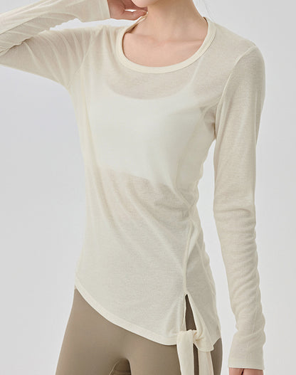 Side Slits Tie Long Sleeves Mesh Yoga Shirts