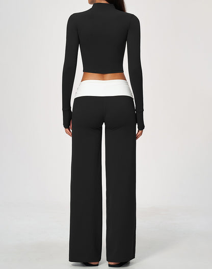 3 Piece Sports Bra Cropped Jacket and Fold Over Flare Pant