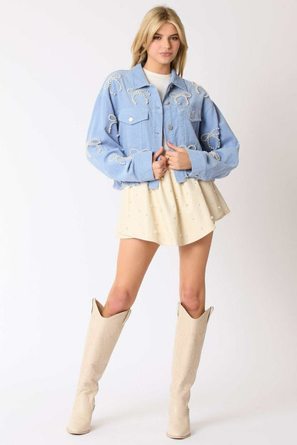 Pearl Bow Cropped Corduroy Jacket | Chic &amp; Trendy Layering Piece