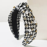 Classic Tweed Fabric Knotted Headband with Pearl and Rhinestone