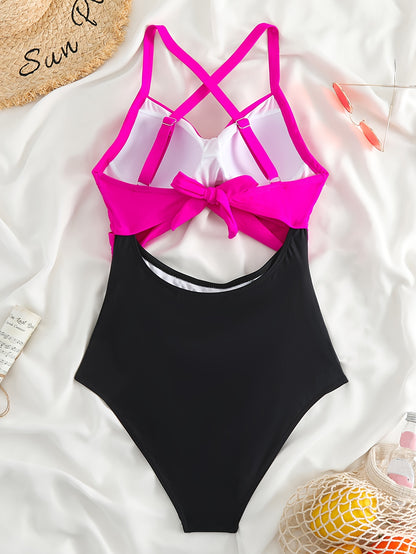 Color Block Twist Cut Out Stretchy One-piece Swimsuit