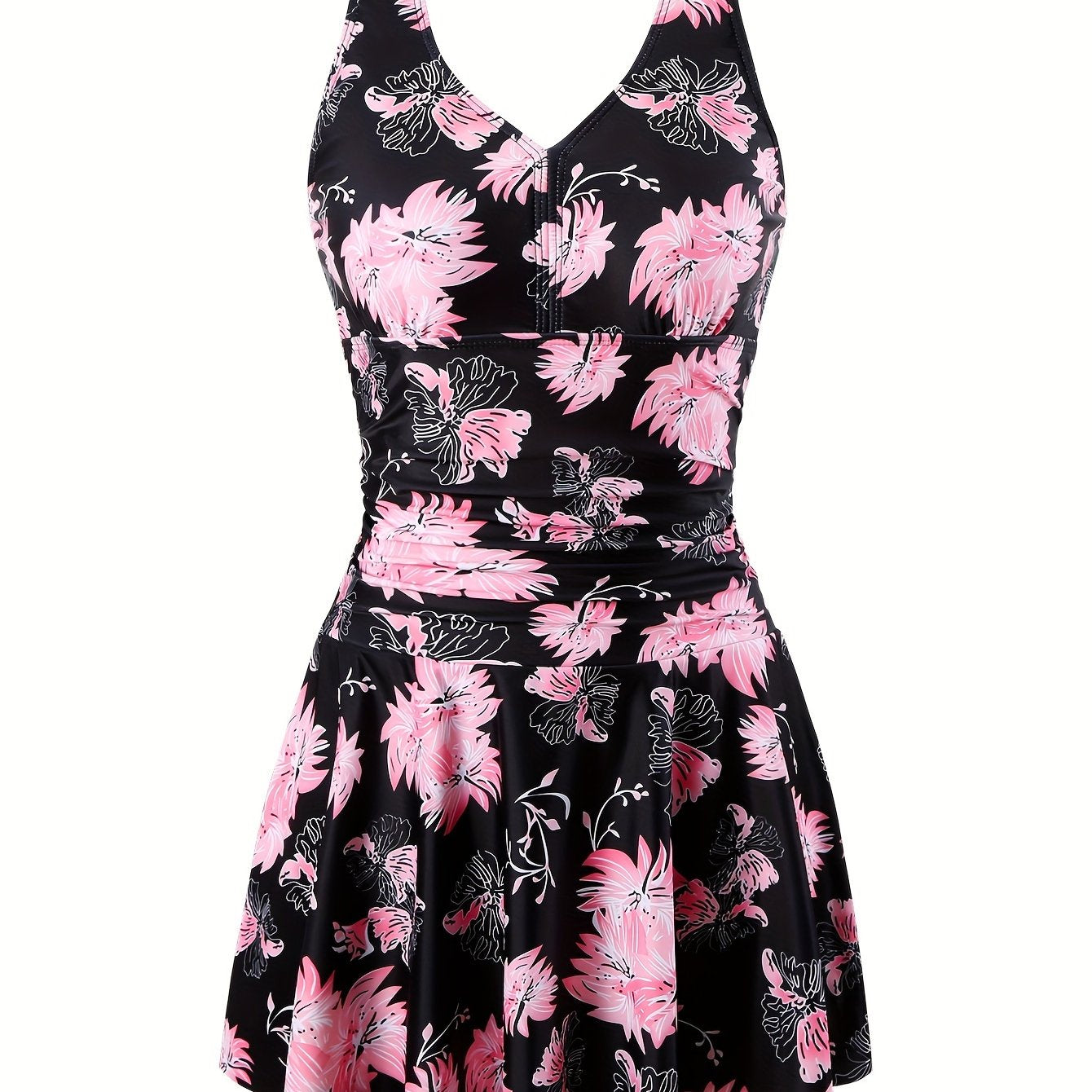 Elegant Floral One-Piece Swimsuit with V-Neck