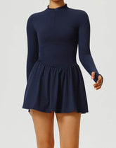Long Sleeve Zipper Tennis Dress with Built-in Short