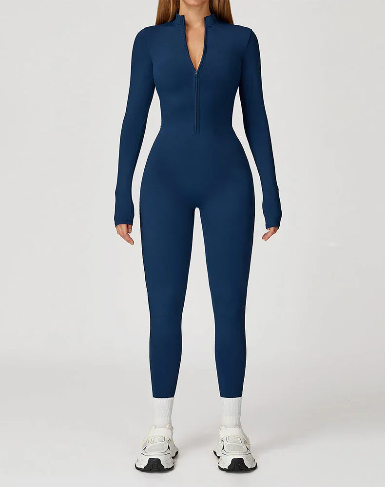 Long Sleeve Workout Jumpsuit Zip Up One Piece Bodysuit - Badge Blue