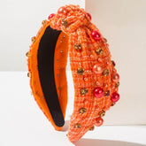 Classic Tweed Fabric Knotted Headband with Pearl and Rhinestone