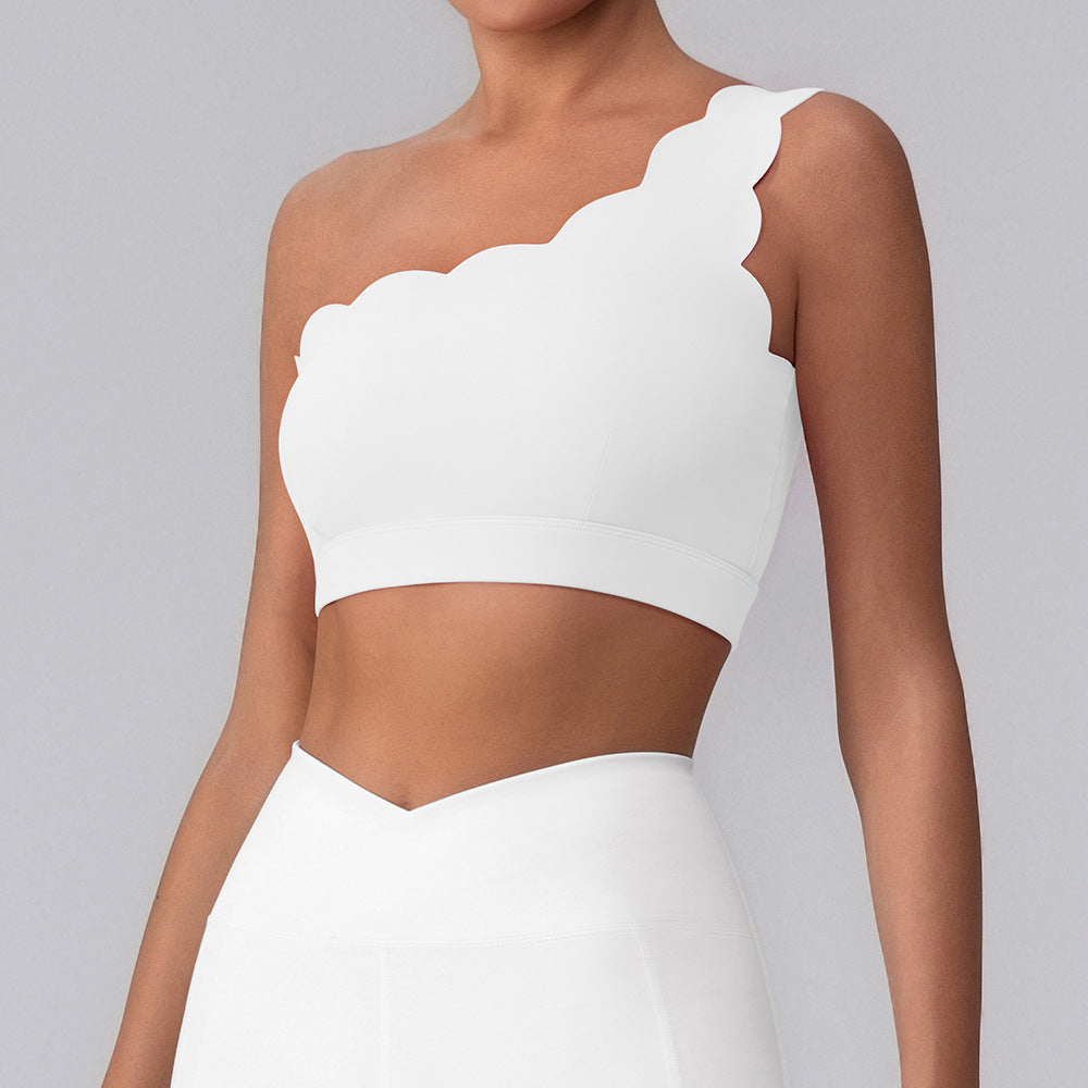 Wavy One Shoulder Sports Bra Tank Top with Removable Pads
