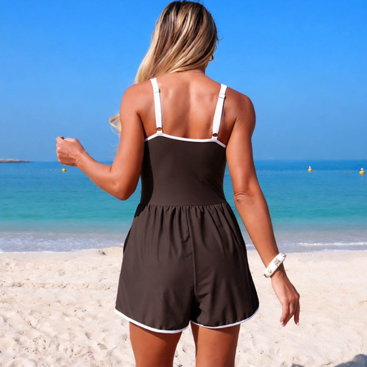 Drawstring Romper One Piece Swimsuits with Short and Pocket