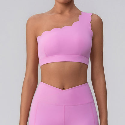 Wavy One Shoulder Sports Bra Tank Top with Removable Pads