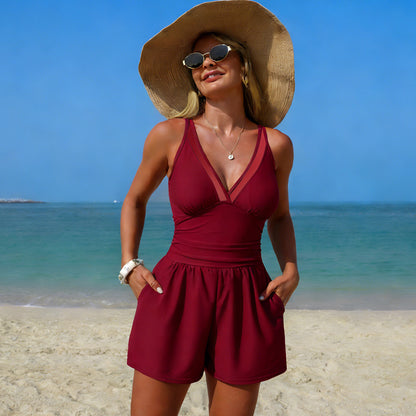 V Neck Swimwear One Piece Swimsuit with Short and Pocket
