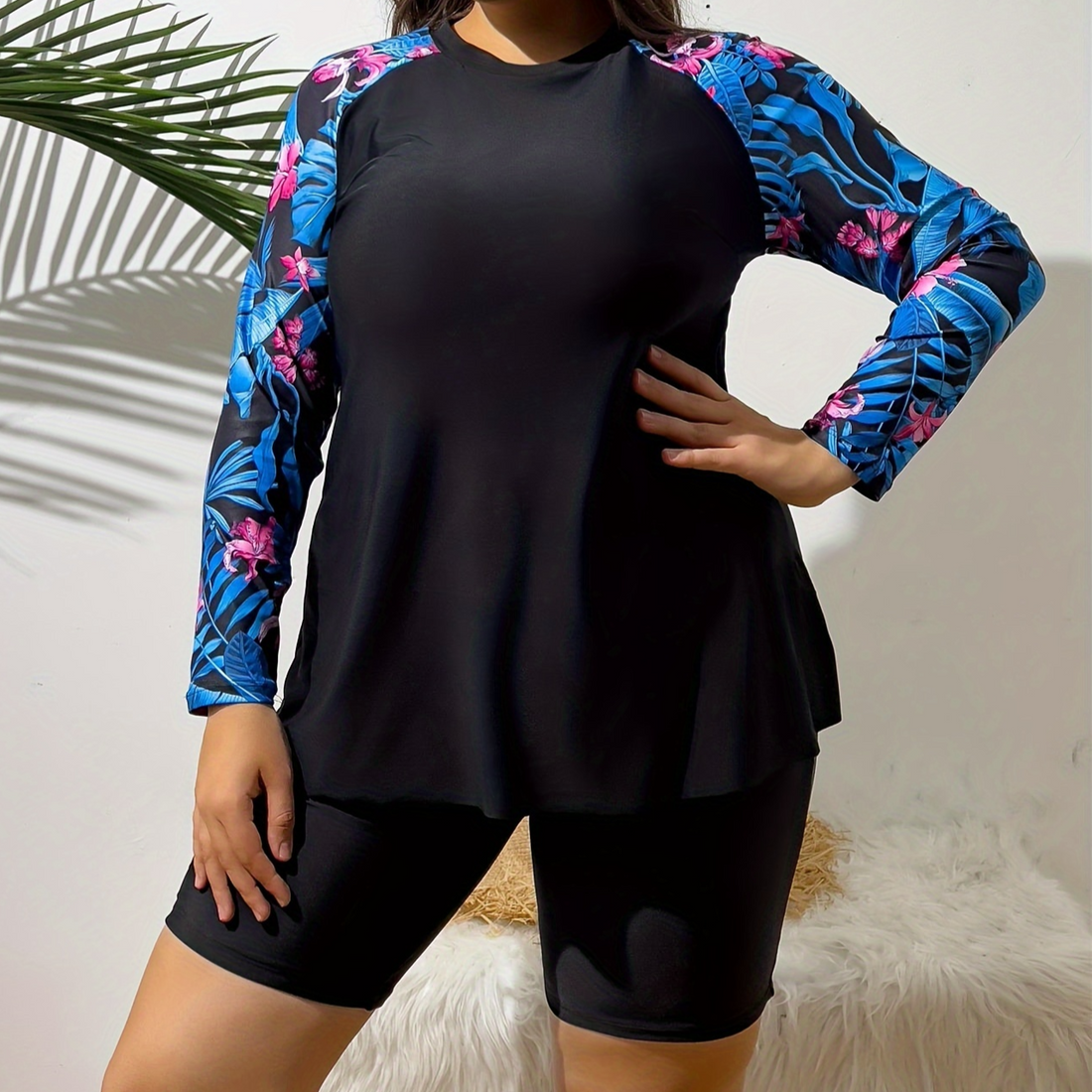 Plus Size Tropical Long Sleeves Swimwear Set