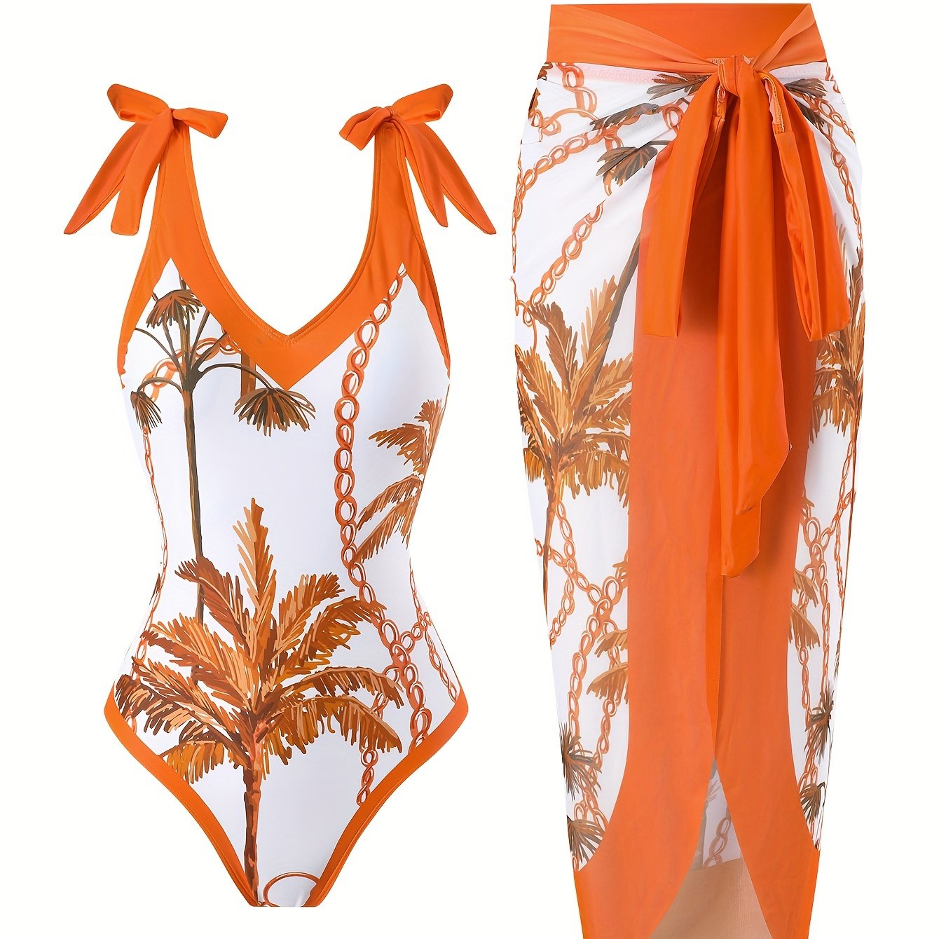 2 Piece Stretchy Coconut Tree Chain Print Swimsuits