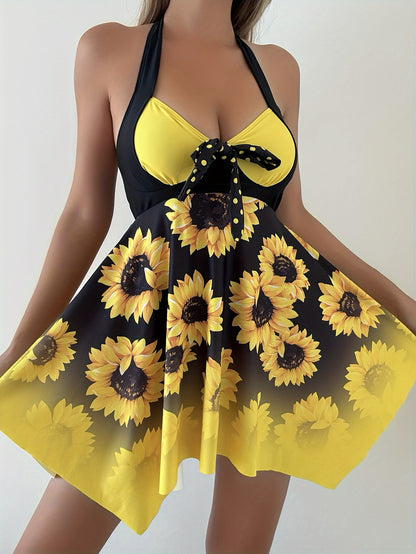 Vibrant Sunflower Print Two-Piece Tankini Set