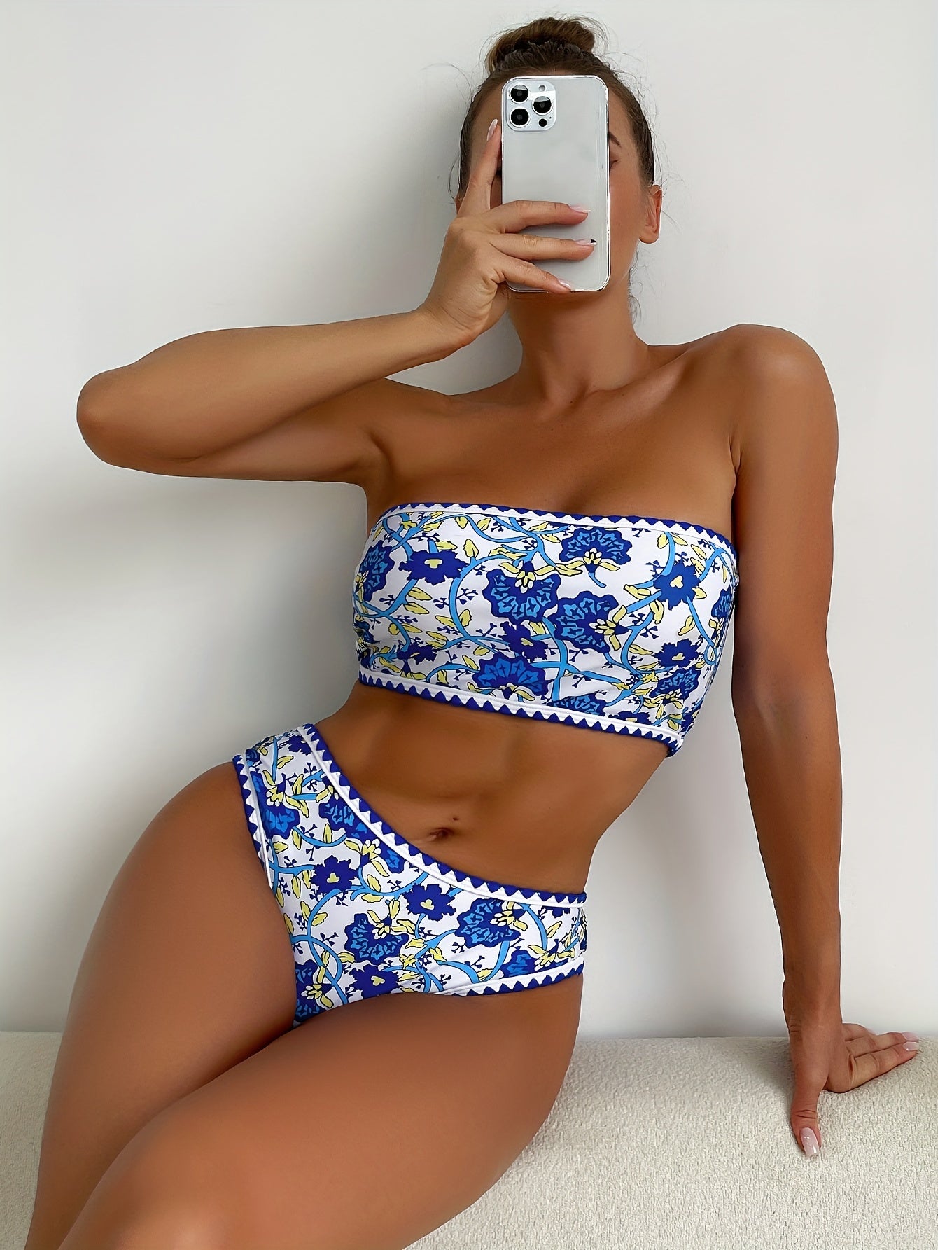 Floral Print Whip Stitch Bandeau Bikini Set