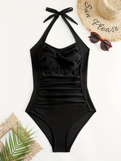 Ruched Halter Backless One-Piece Swimsuit - Create Sexy Silhouette