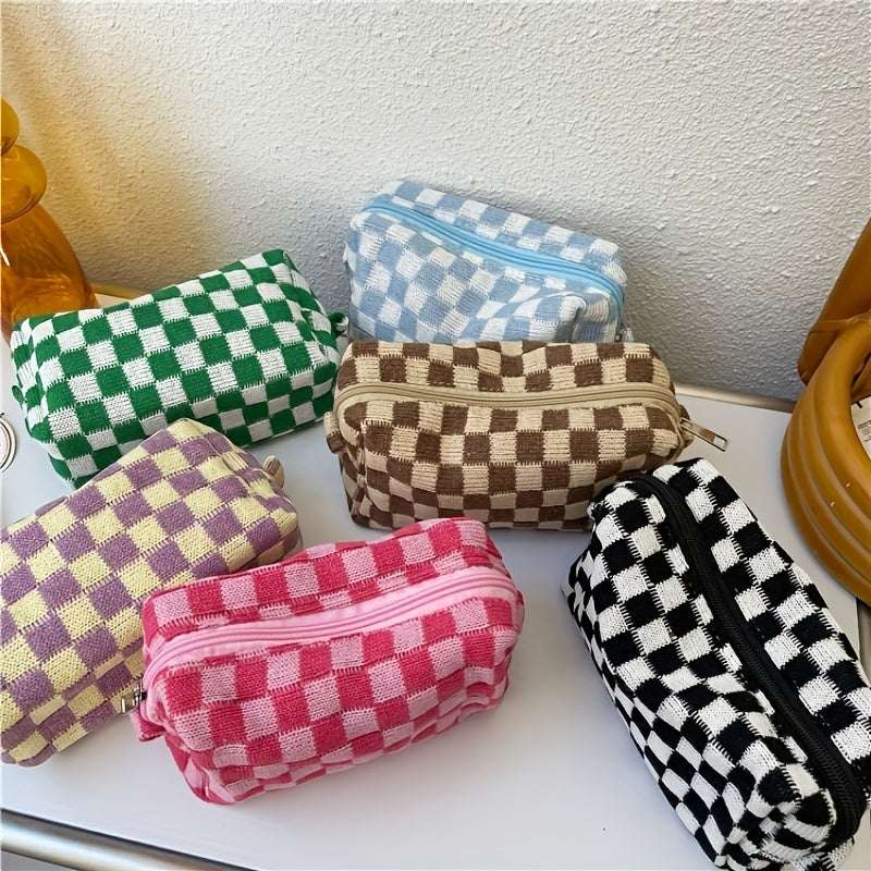 Checkered Knitted Cosmetic Bag | Stylish Storage for Essentials