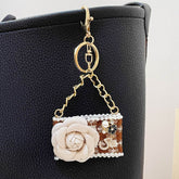 Metal Camellia Flower Mini Diamond Bag Shape Keychain
