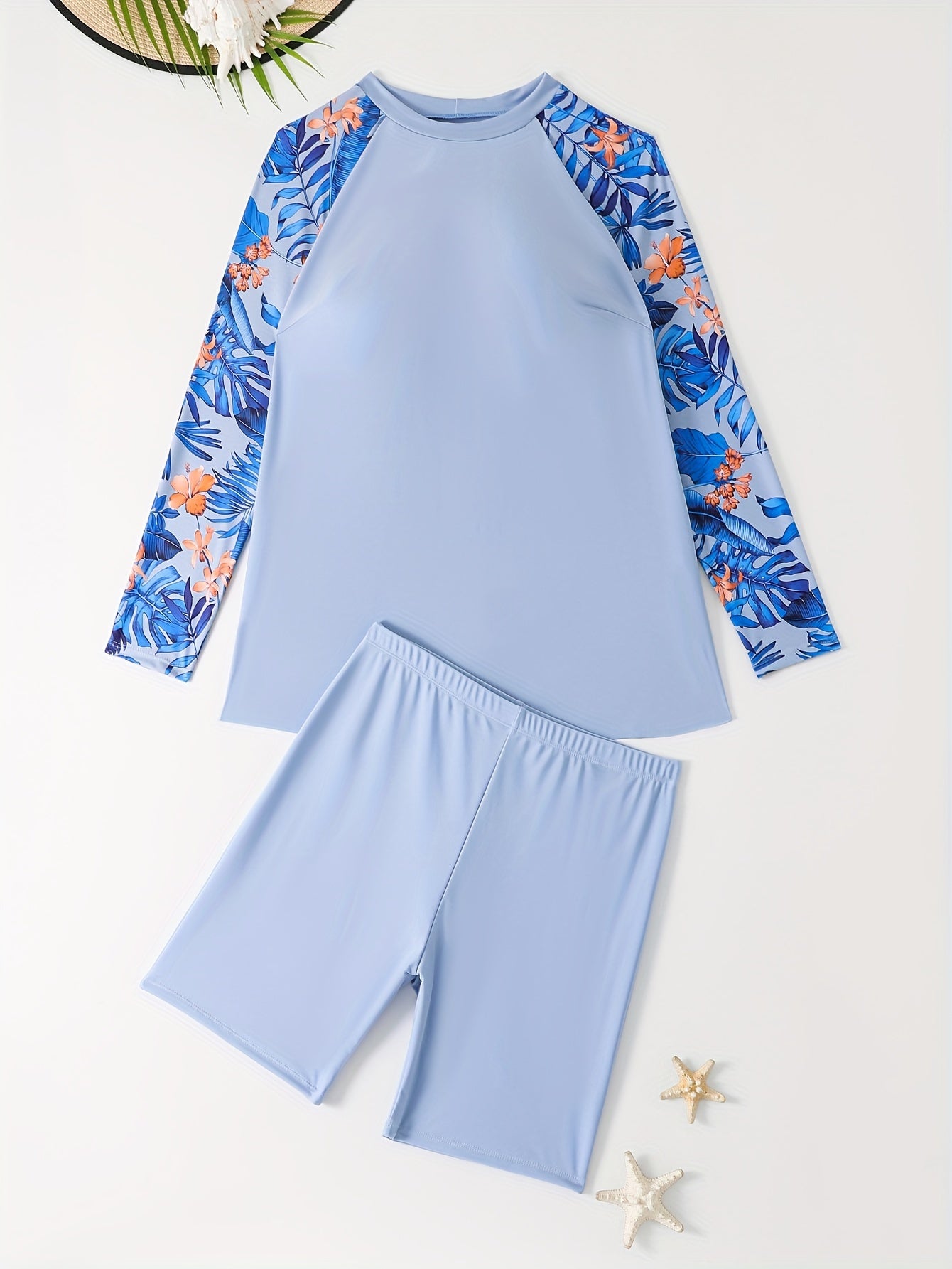 Plus Size Tropical Long Sleeves Swimwear Set