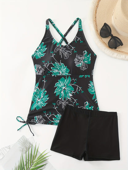 Floral Print Drawstring Criss Cross 2 Piece Tankini Set