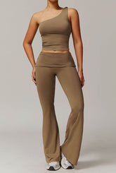 Active Wear Set with One Shoulder Knot Design Tank Top and Flare Pants