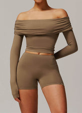 Active Wear Set with Long Sleeve Off Shoulder Crop Top and Shorts